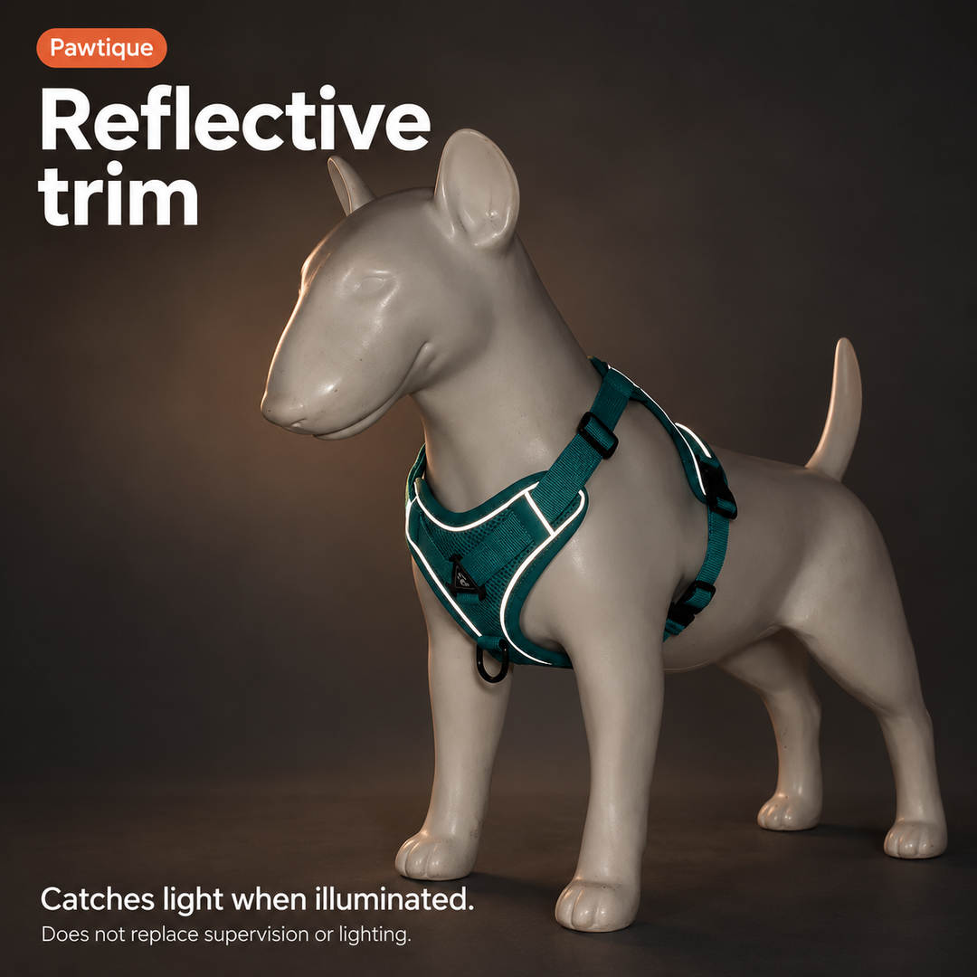 PawSecure reflective harness trim illuminated on a dog mannequin