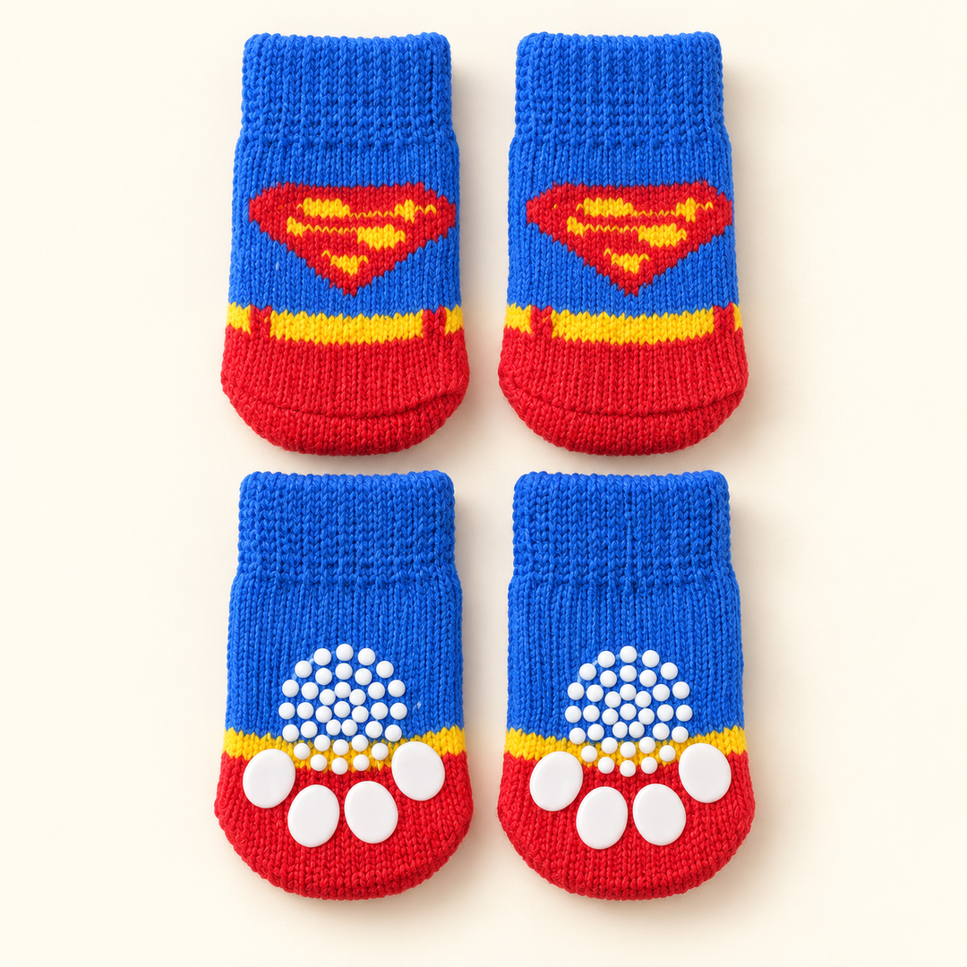 Pawtique PawStep non-slip dog socks in blue crest design, 4-piece set