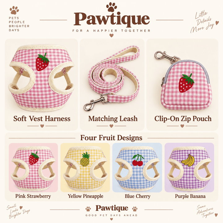 Pawtique PicnicPatch™ Fruit Gingham Harness, Leash &amp; Pouch Set - Pawtique