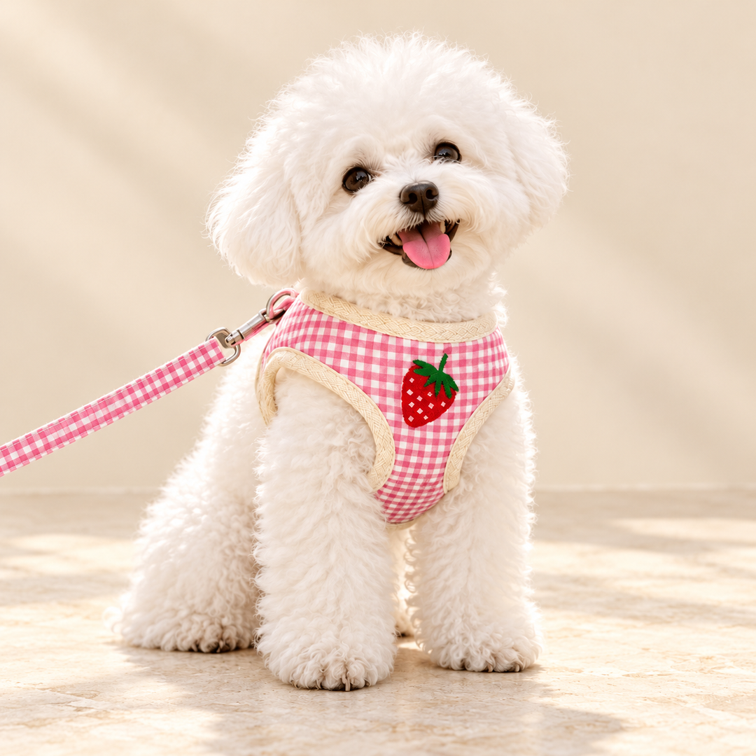 White dog wearing Pink Strawberry PicnicPatch gingham harness and matching leash on a warm cream background