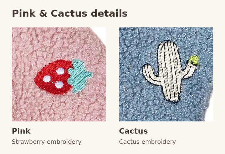 Native photo close-ups comparing the Pink strawberry embroidery and Cactus embroidery options