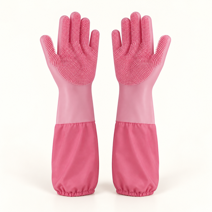 Pink extra-long pet bathing gloves, pair with bristled palms and gathered cuffs