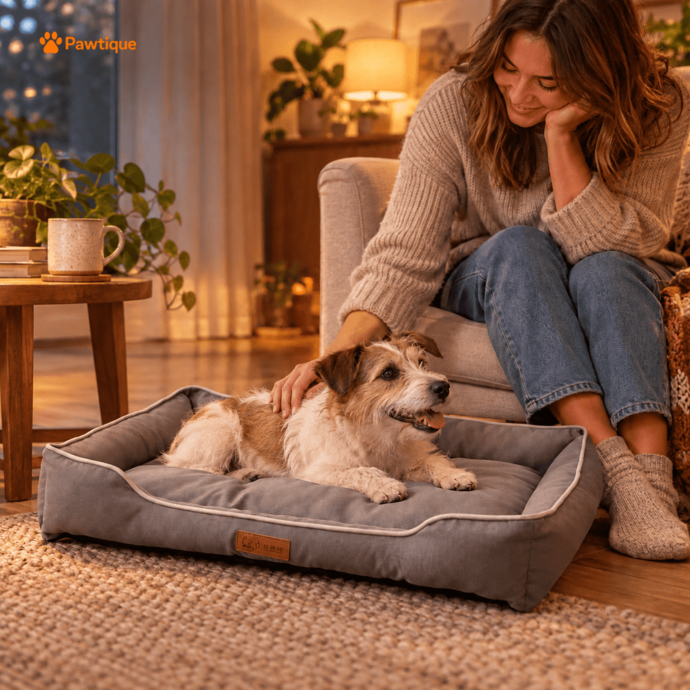 Owner petting a dog resting in the Grey Piped Bolster bed beside a sofa