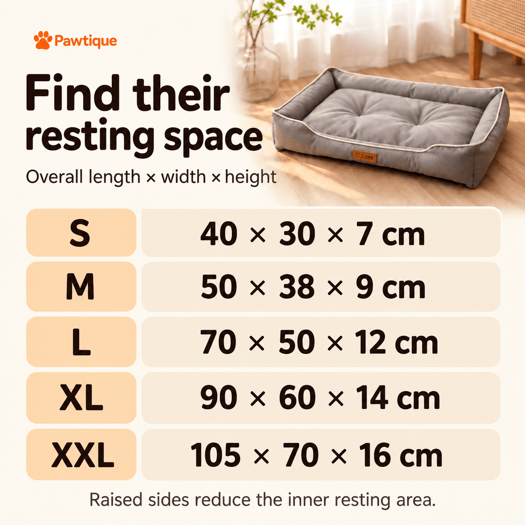 Piped Bolster overall size guide for S, M, L, XL and XXL, with length, width and height in centimeters