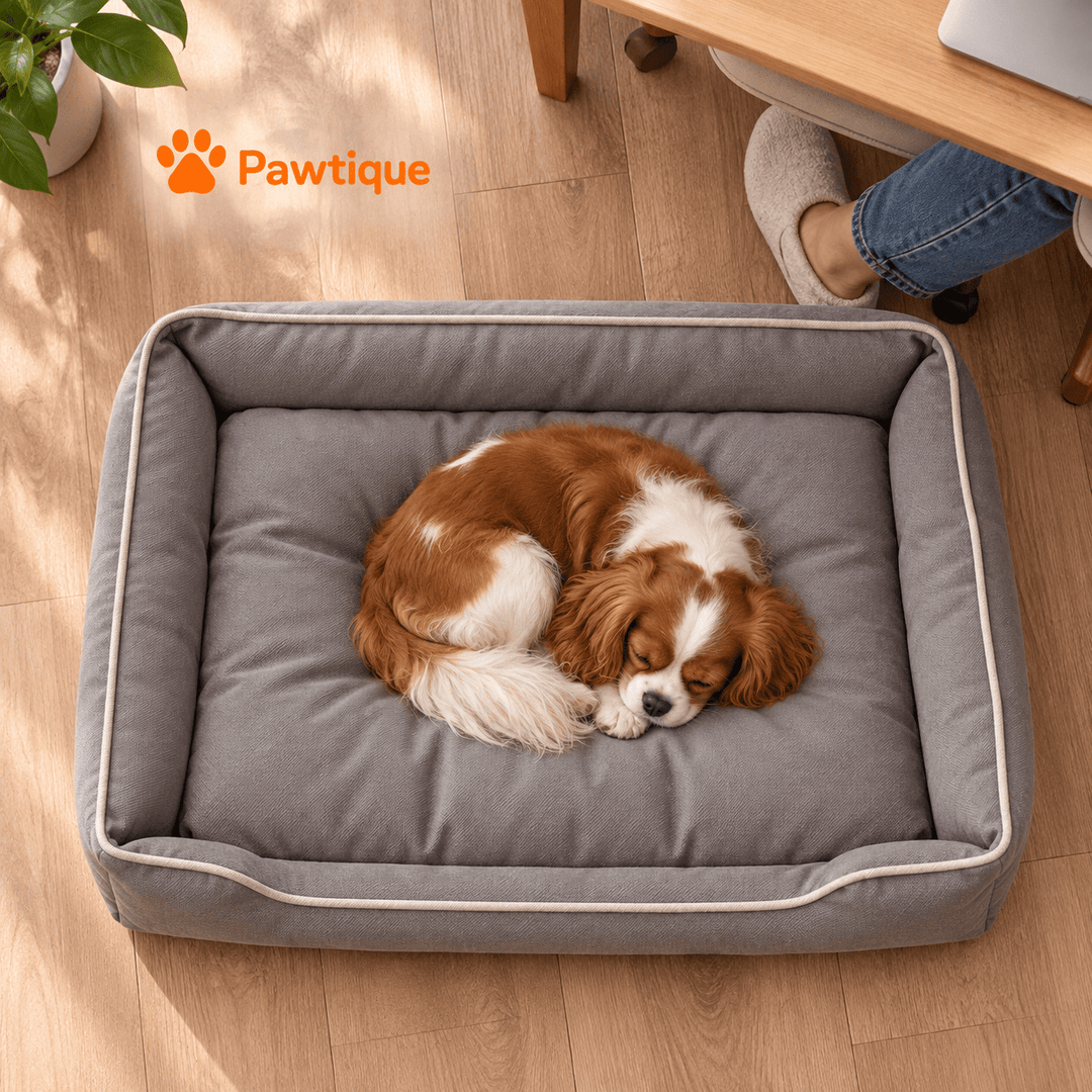 Dog curled in the Grey Piped Bolster bed beside a home-office chair