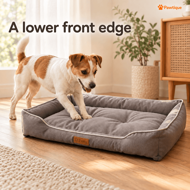 Dog stepping over the lowered front edge of the Grey Piped Bolster bed