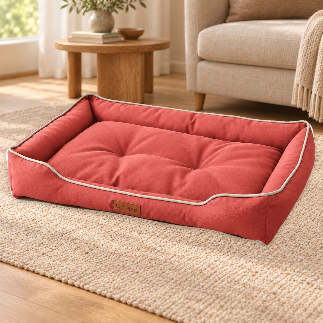 Dark Pink Piped Bolster dog bed with light edge piping and tufted center