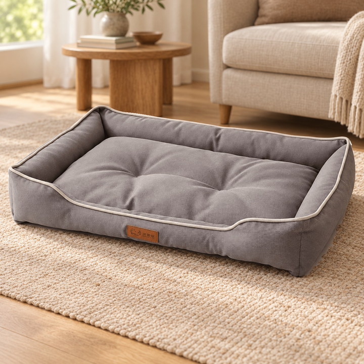 Grey Piped Bolster dog bed with a tufted center, lower front and light edge piping