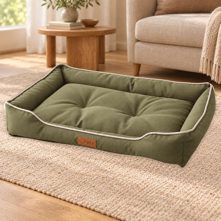 Green Piped Bolster dog bed with light edge piping and tufted center