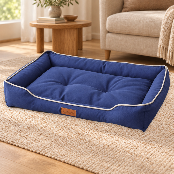 Navy Piped Bolster dog bed with light edge piping and tufted center