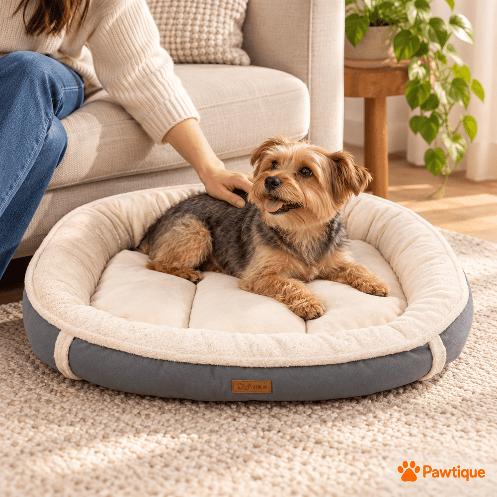 Owner petting a dog resting in the Gray Plush Bolster bed beside a sofa
