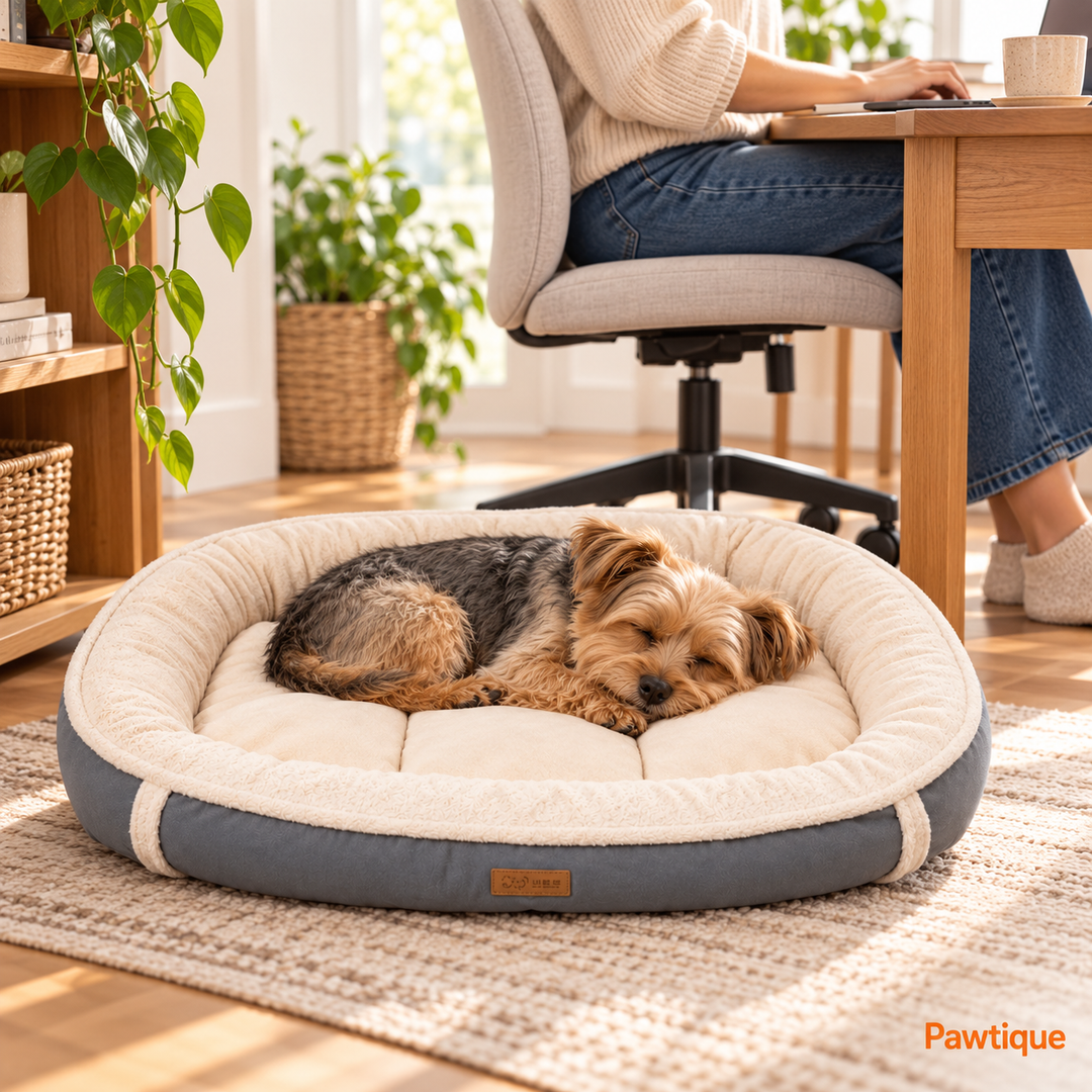 A small dog resting in a gray and cream Plush Bolster bed beside its owner working at a desk
