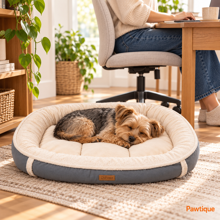 A small dog resting in a gray and cream Plush Bolster bed beside its owner working at a desk