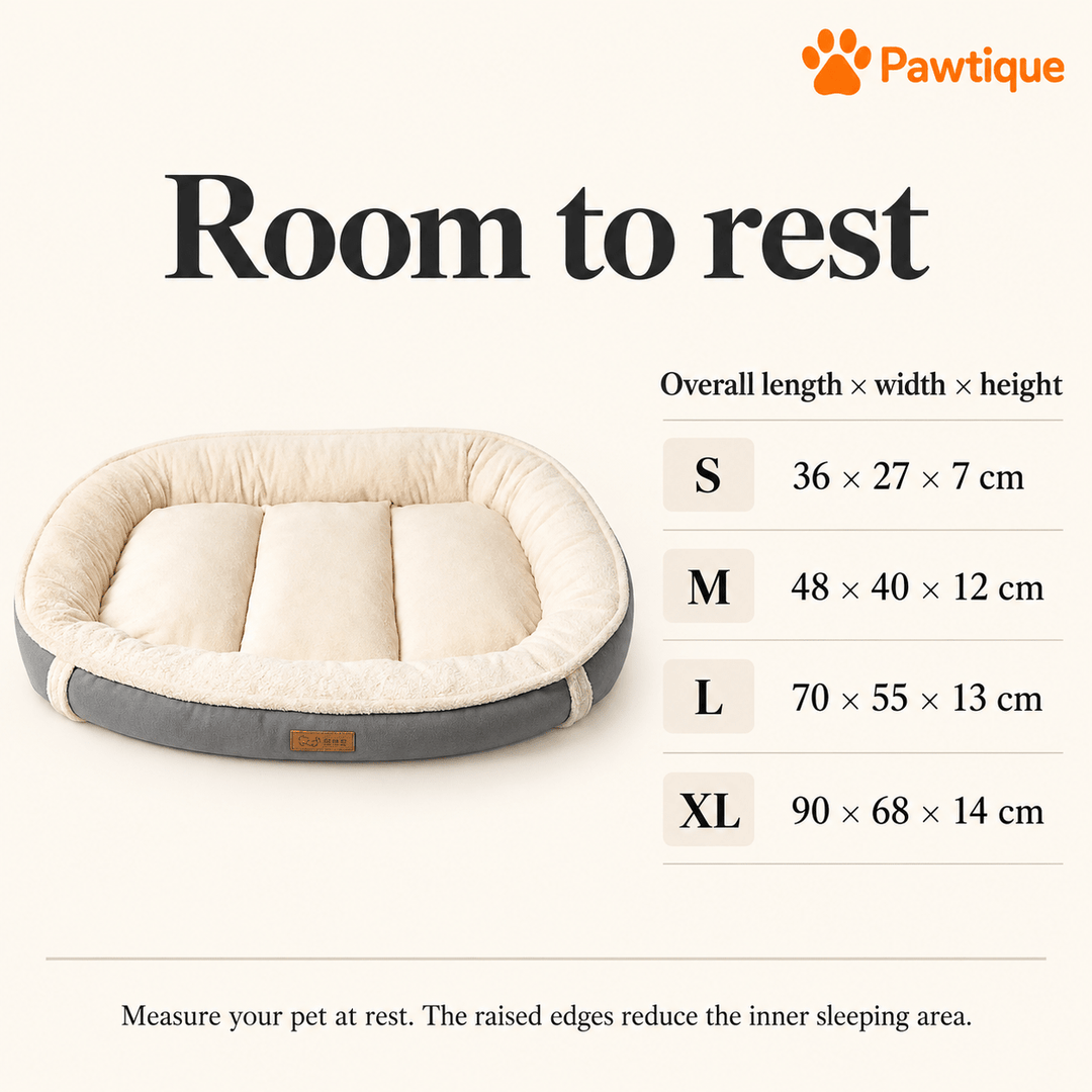 Plush Bolster overall size guide for S, M, L and XL, with length, width and height in centimeters