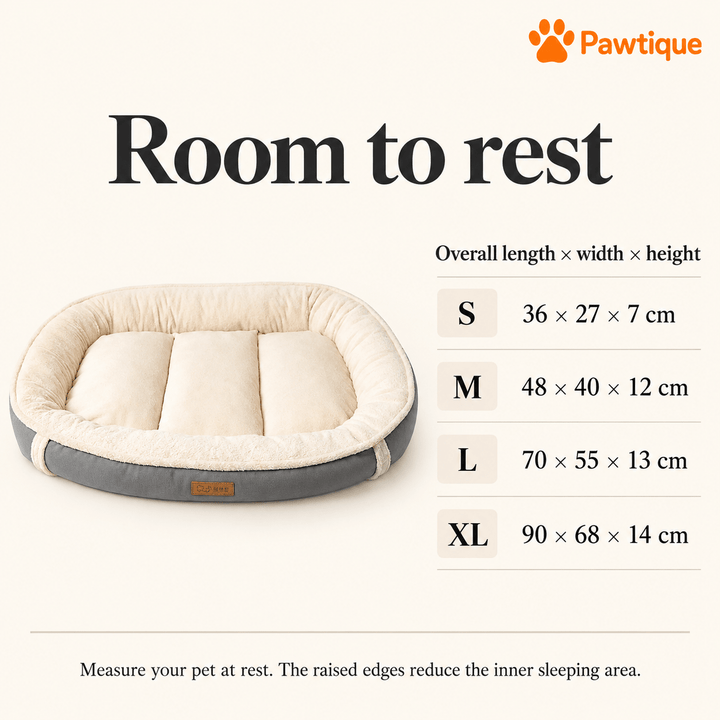 Plush Bolster overall size guide for S, M, L and XL, with length, width and height in centimeters