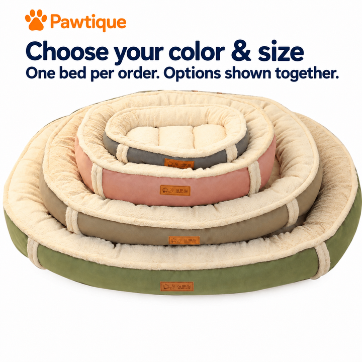 Four separate color and size choices of the Plush Bolster Dog Bed; one bed per order, not a set