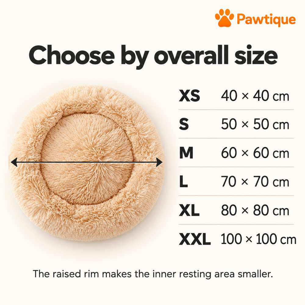 Plush Donut Cuddler overall-size guide: XS 40 × 40, S 50 × 50, M 60 × 60, L 70 × 70, XL 80 × 80 and XXL 100 × 100 cm.