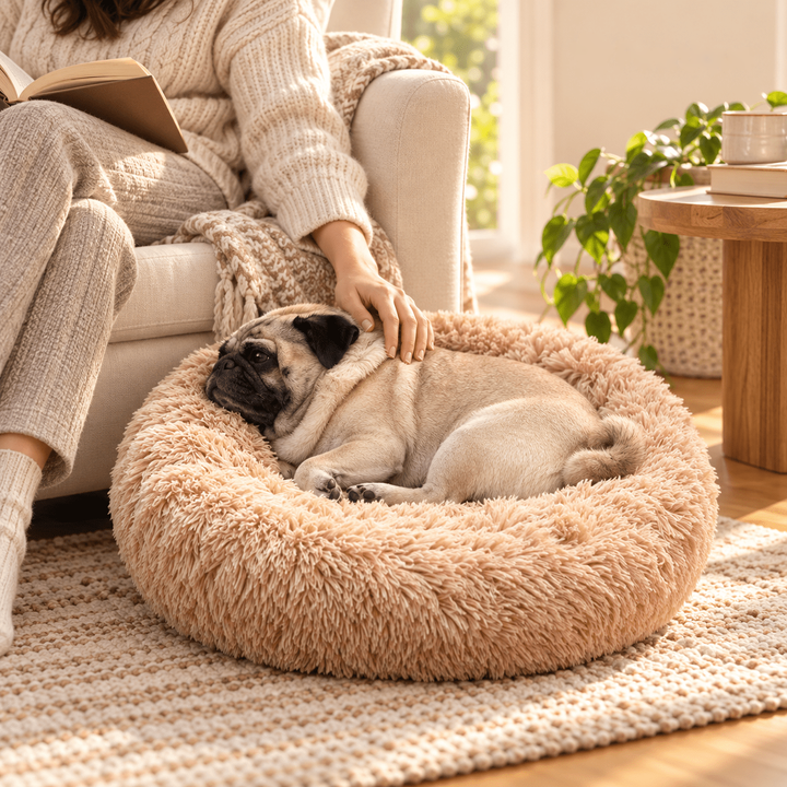 Owner petting a pug resting in a Beige Plush Donut Cuddler beside a sofa.