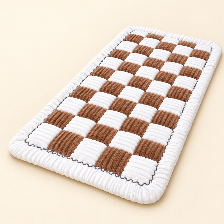 Brown and white checkerboard Pawtique Plush Comfort Pad on cream background