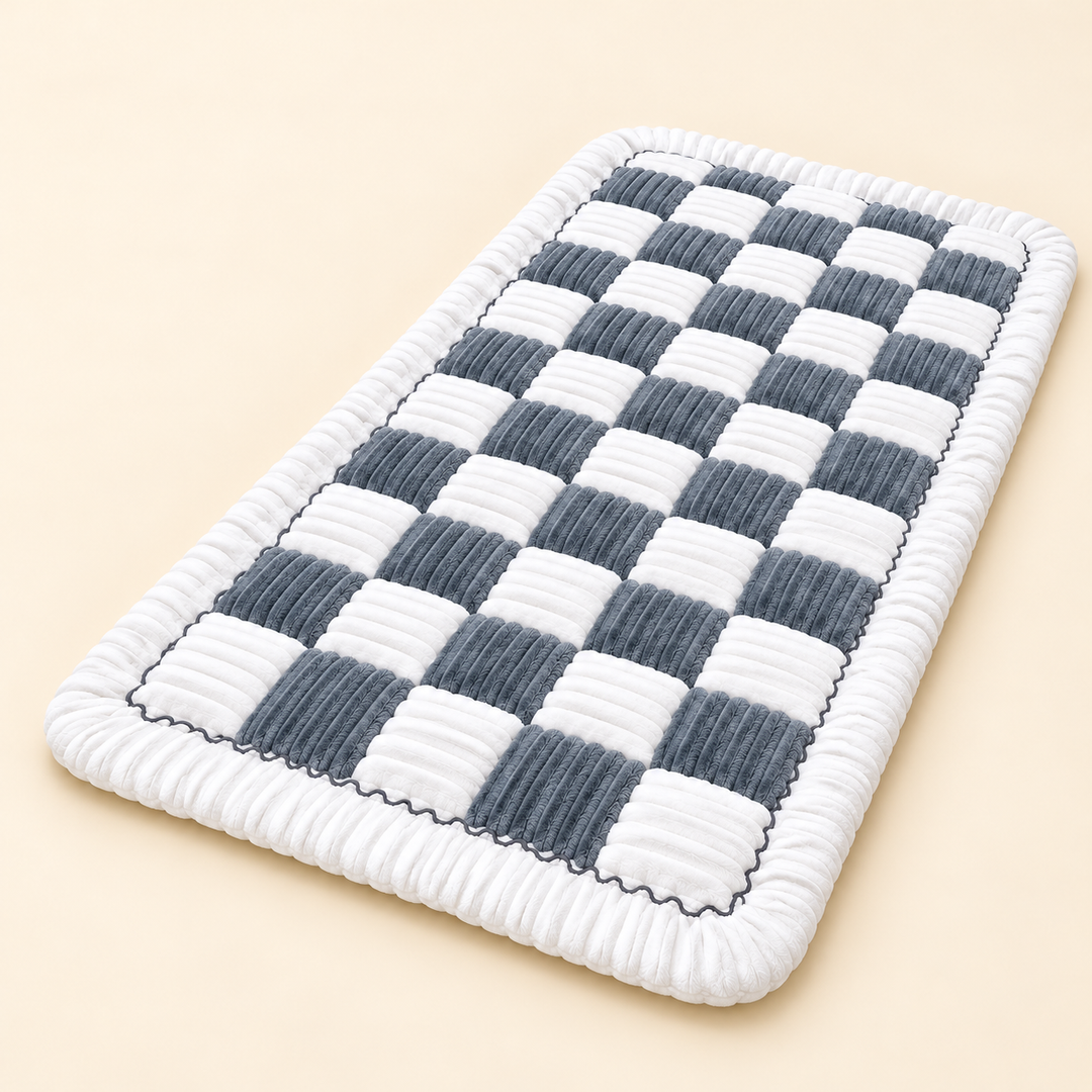 Gray and white checkerboard Pawtique Plush Comfort Pad on cream background