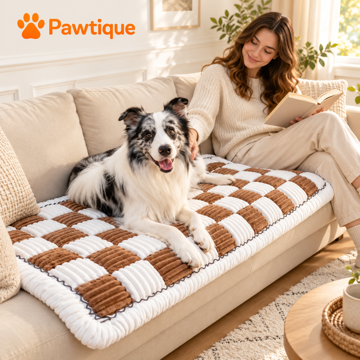 Brown Plush Comfort Pad on a sofa beside a dog and owner