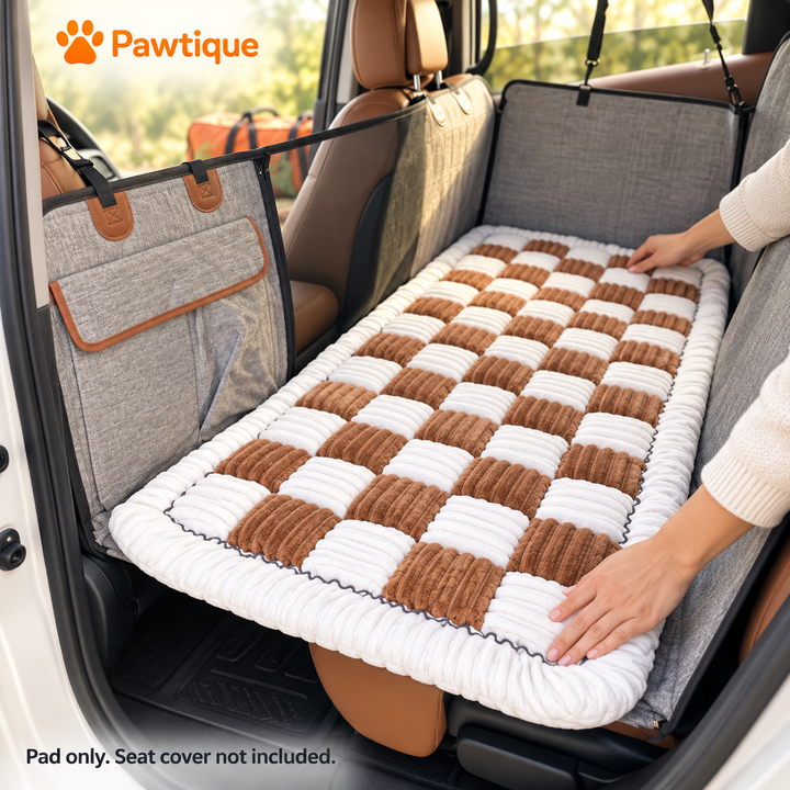 Brown Plush Comfort Pad placed on a separate car-seat cover; cover not included