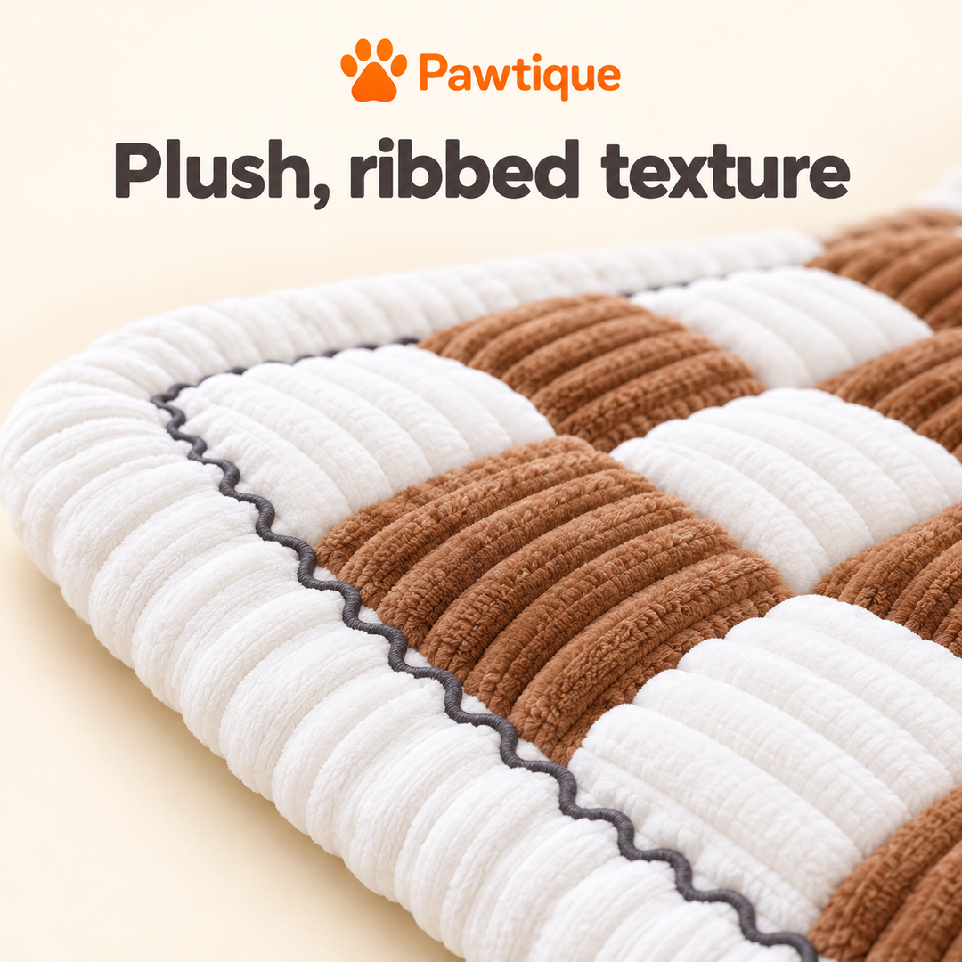 Close-up of ribbed brown and white plush surface and wavy edge seam