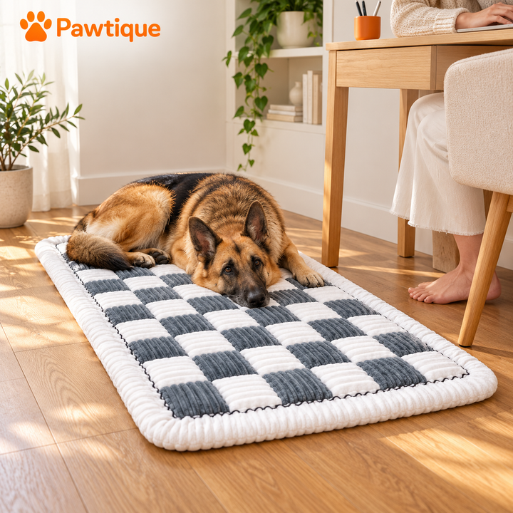 Gray Plush Comfort Pad on the floor beside a desk with a resting dog