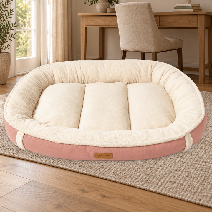 Pink Plush Bolster dog bed with a cream raised rim and segmented center