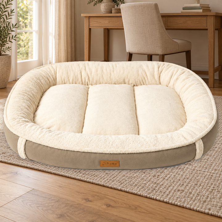 Tan Plush Bolster dog bed with a cream raised rim and segmented center