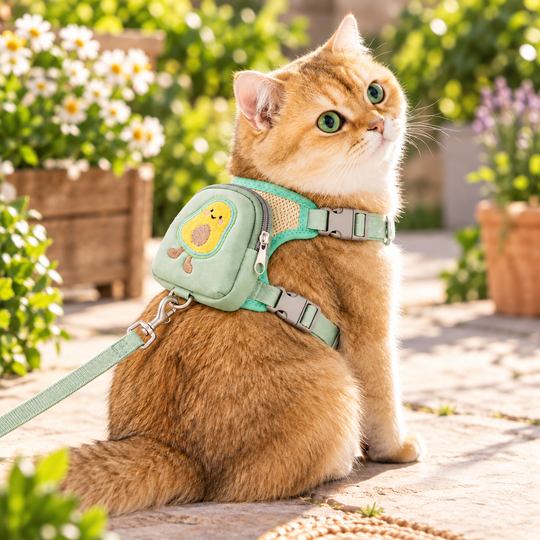 Cat wearing green PocketPals avocado pouch harness with matching leash