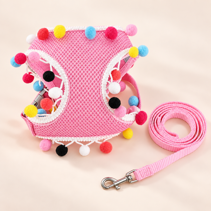 Pawtique PomPom AirMesh harness and leash set in pink