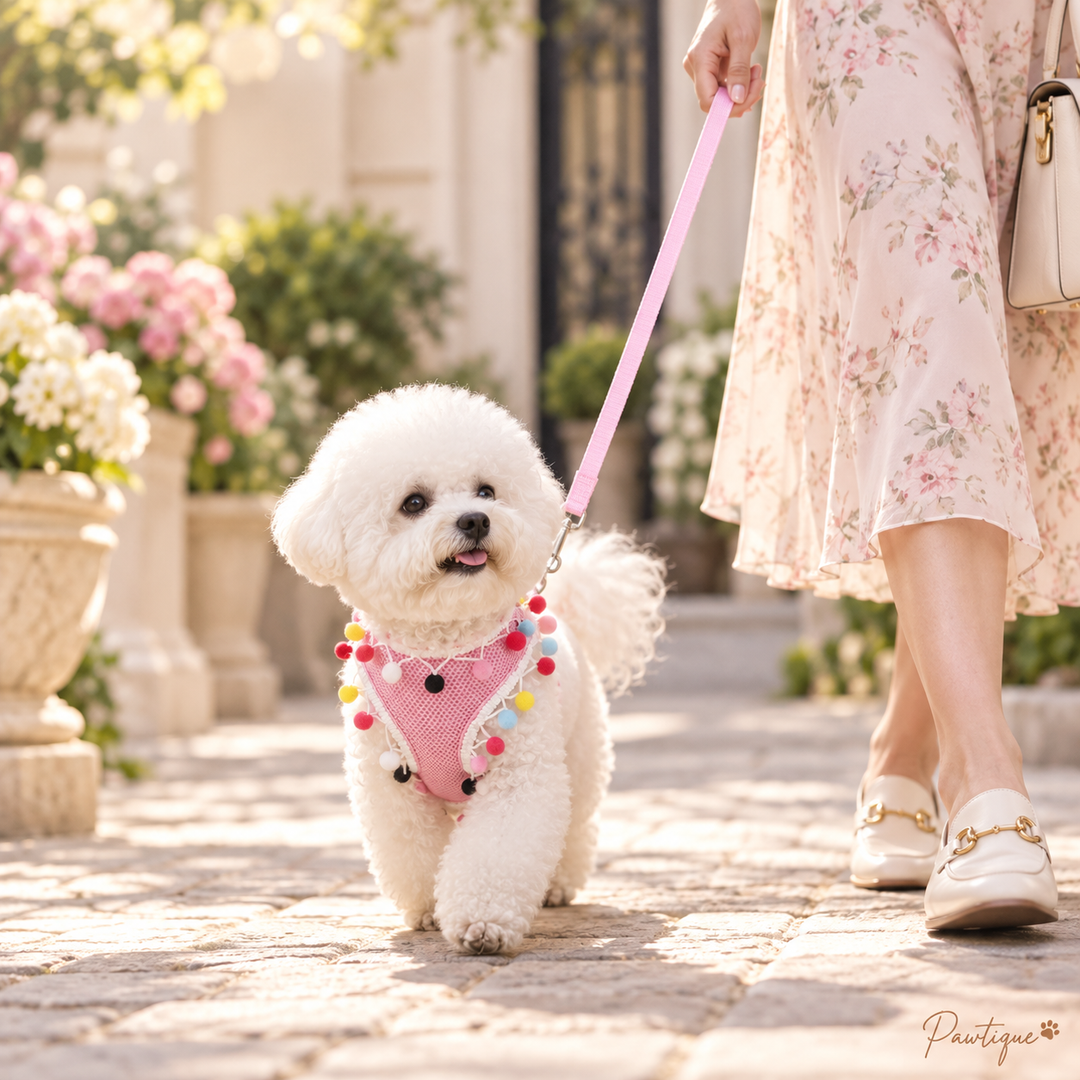 Small white dog wearing the pink Pawtique pom-pom mesh harness