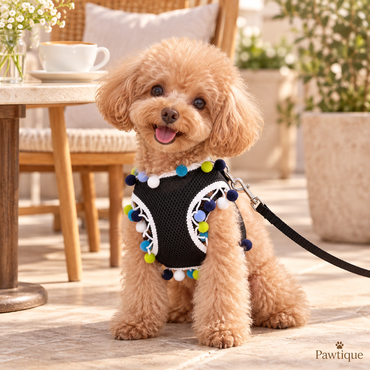 Toy poodle wearing the black Pawtique pom-pom mesh harness