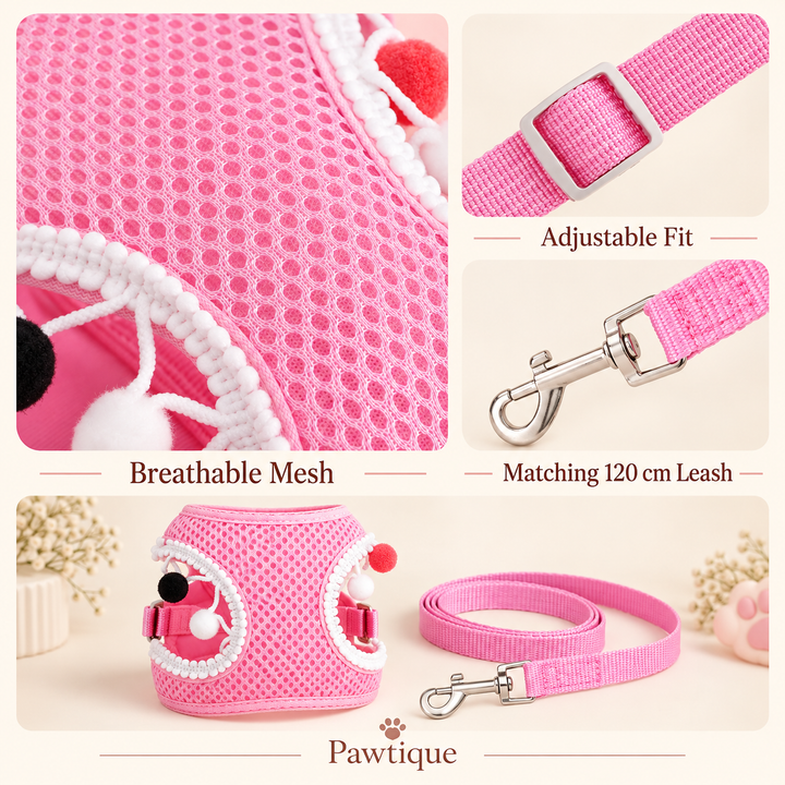 Pawtique pom-pom mesh harness breathable material and leash details