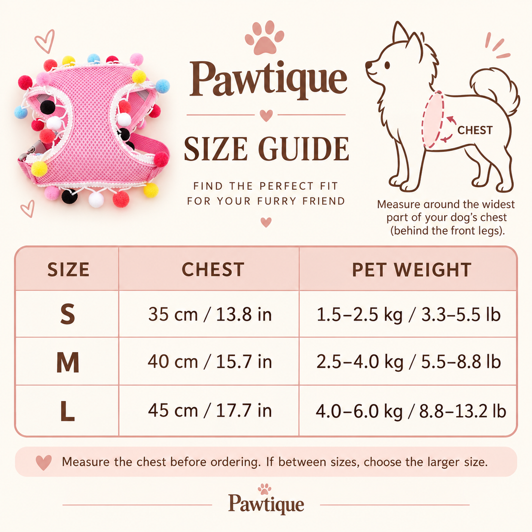 Pawtique pom-pom mesh harness size guide