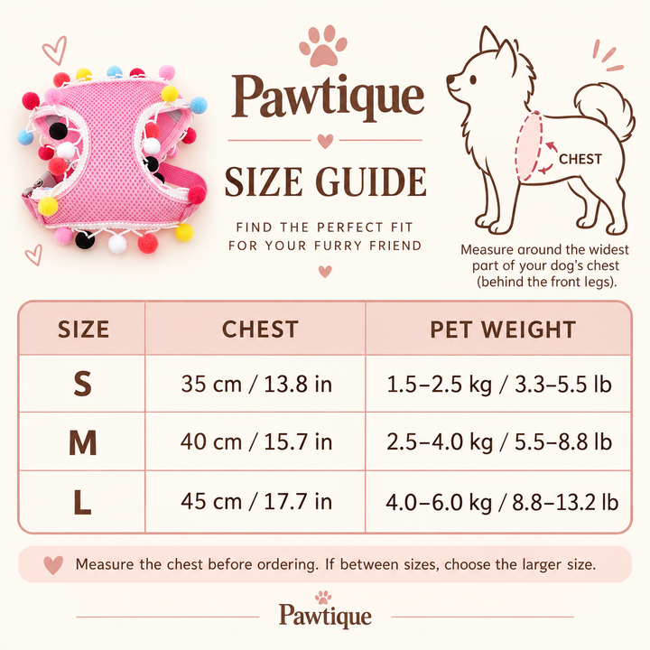 Pawtique pom-pom mesh harness size guide