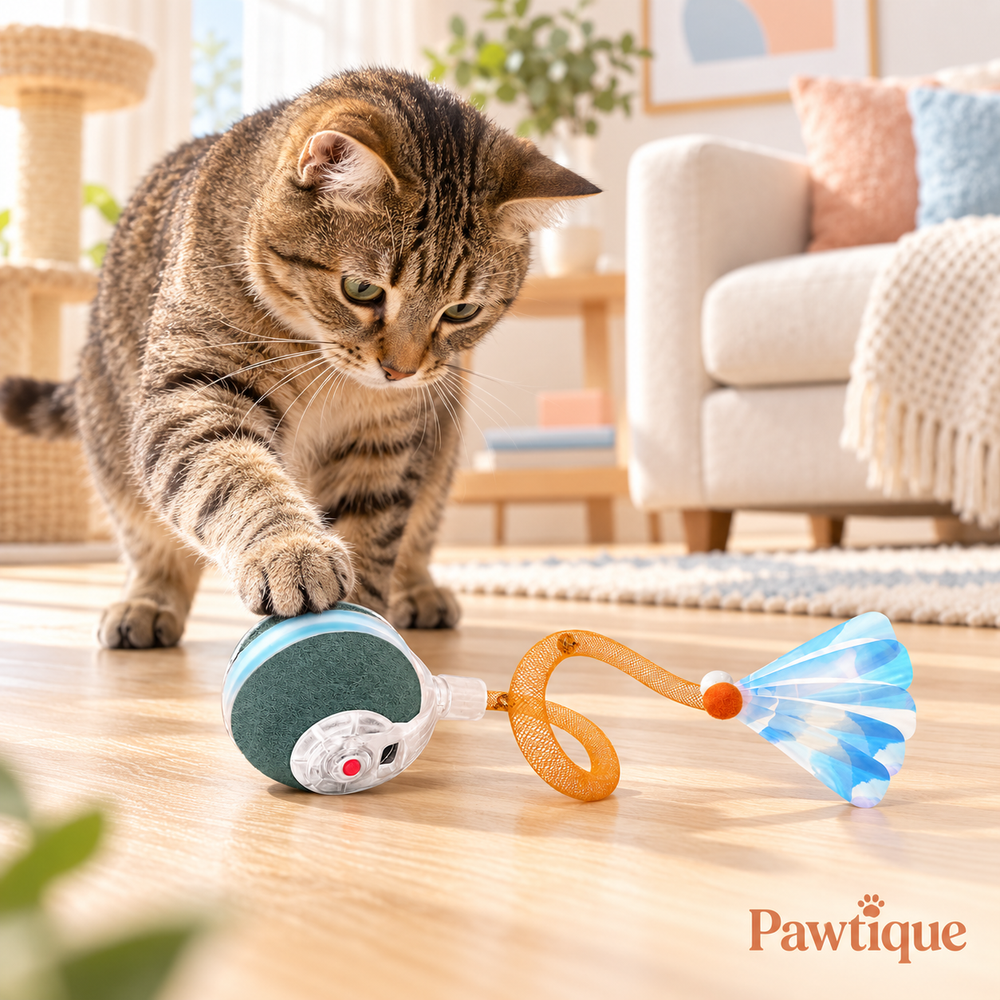 Cat playing with Pawtique motion-activated cat ball