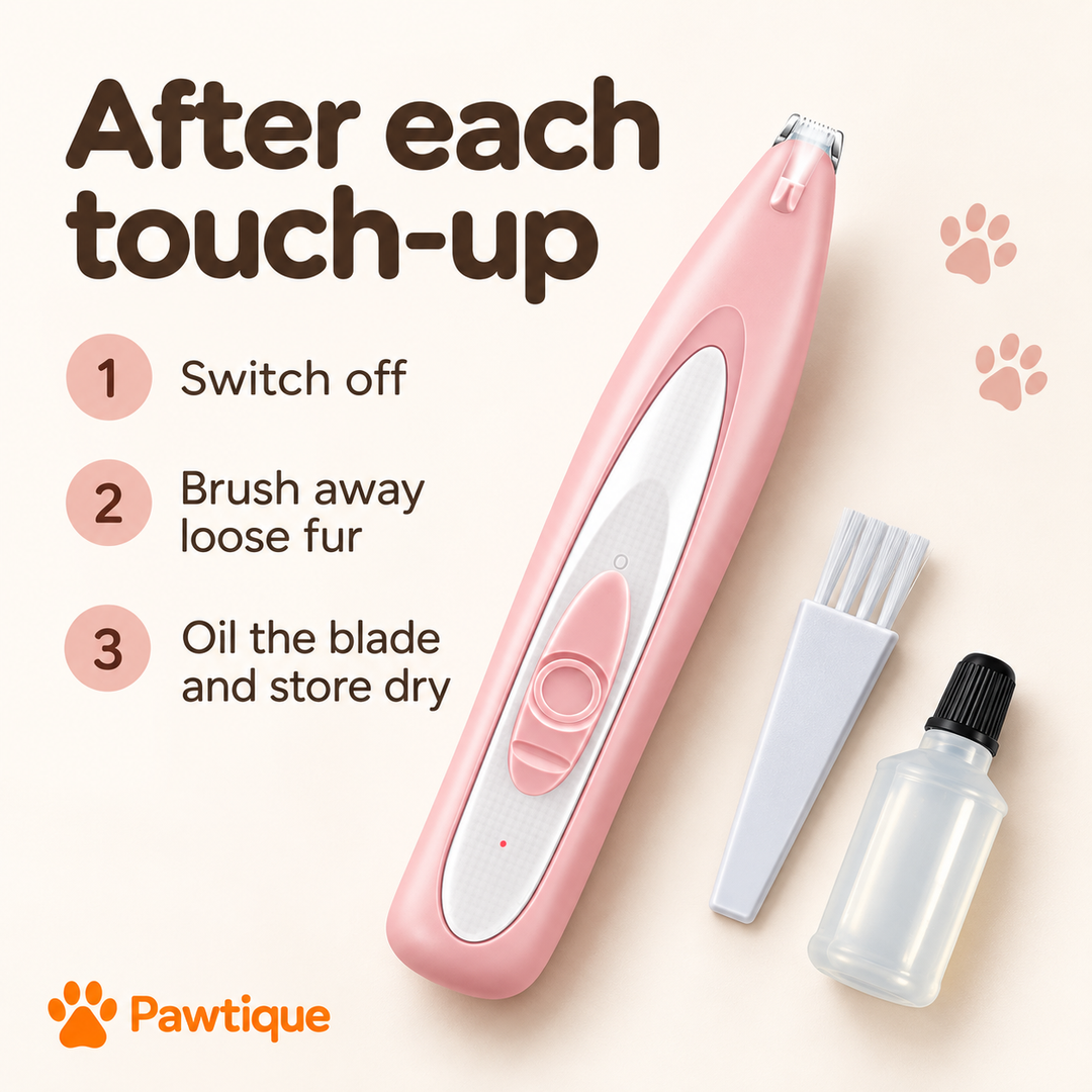 Pink pet trimmer care: switch off, brush away loose fur, oil the blade and store dry
