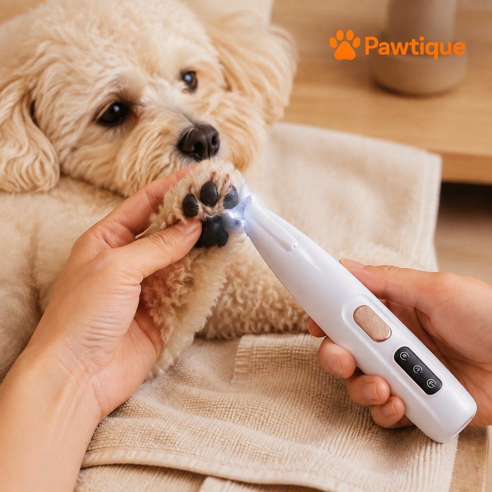 Owner supporting a dog's paw during a small-area touch-up with the Sleek White trimmer