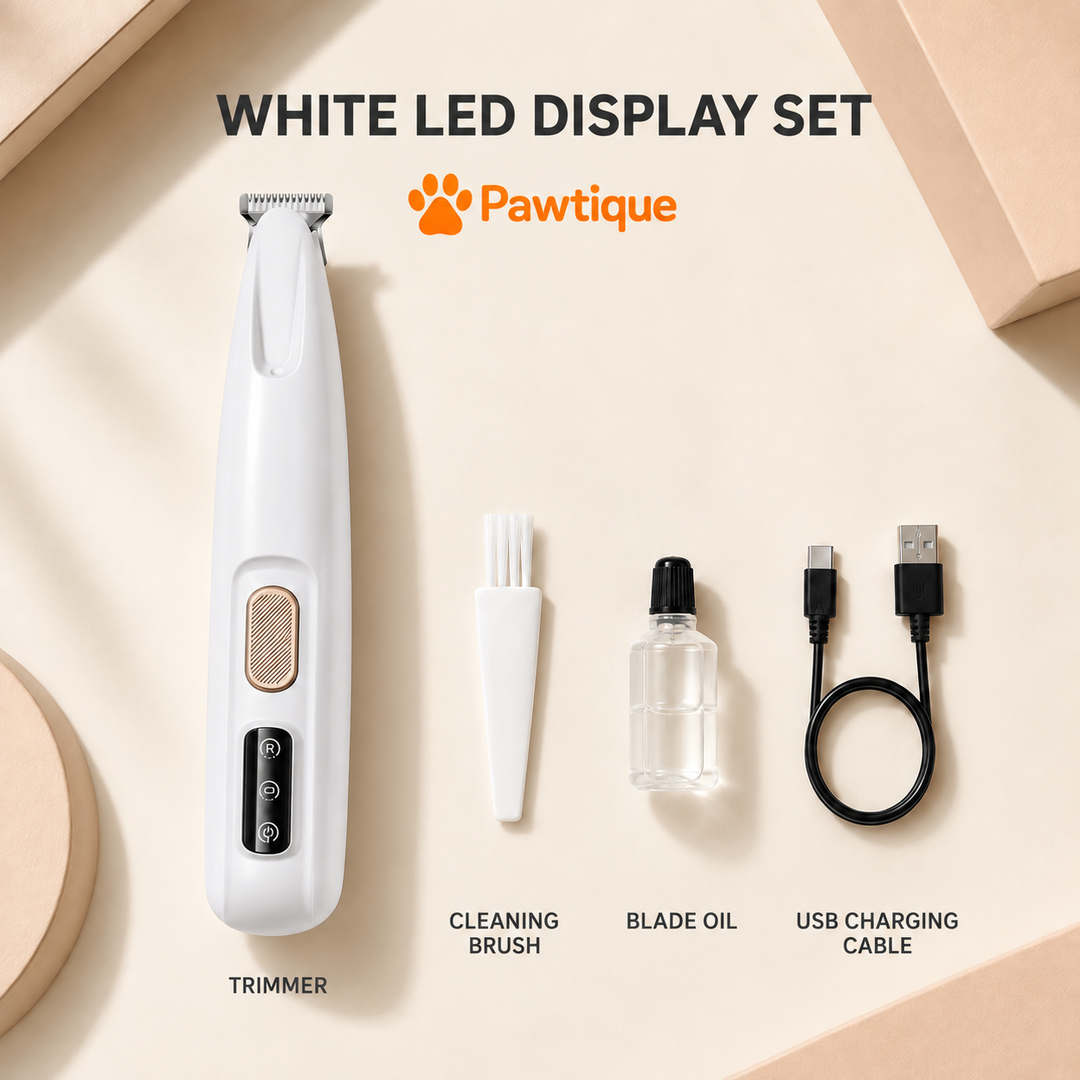 Sleek White LED Display set with trimmer, cleaning brush, blade oil and USB cable