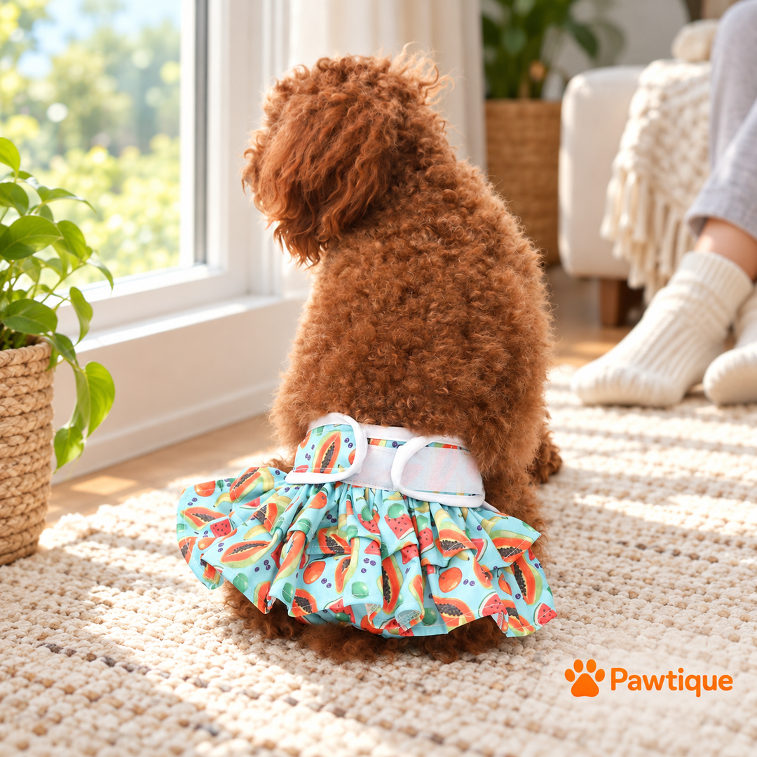 Dog seated by a home window wearing Fruit-print diaper pants