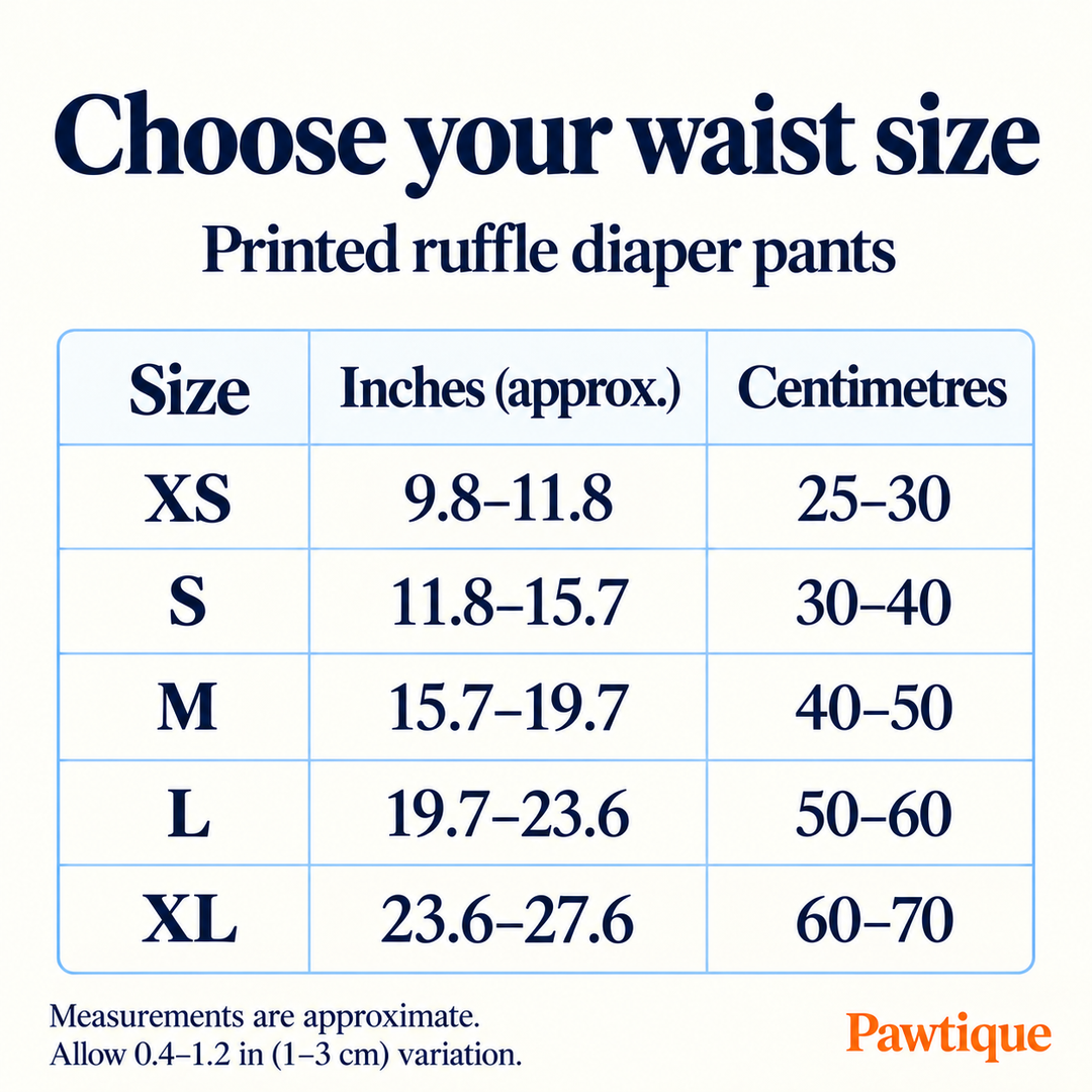 Listed waist ranges for printed ruffle diaper pants in approximate inches and centimetres.