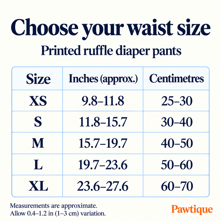 Listed waist ranges for printed ruffle diaper pants in approximate inches and centimetres.