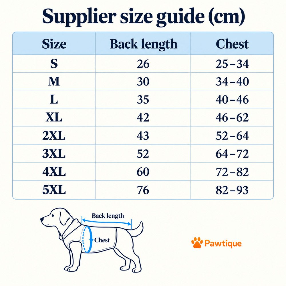 Printed Hooded Dog Jacket existing supplier size guide in centimetres, S to 5XL
