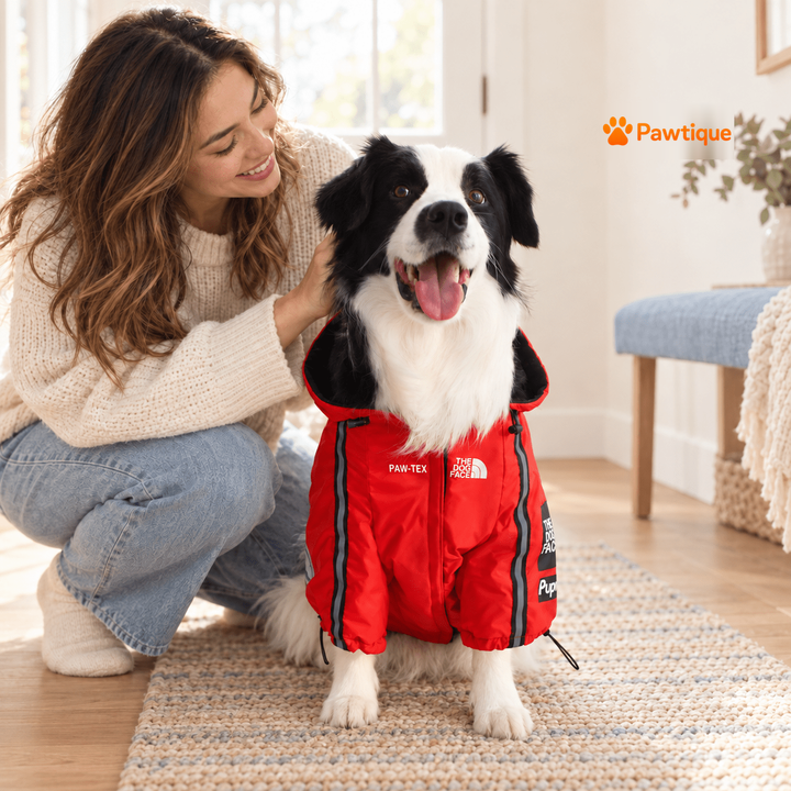 Owner with a dog wearing the distinct Red printed hooded jacket