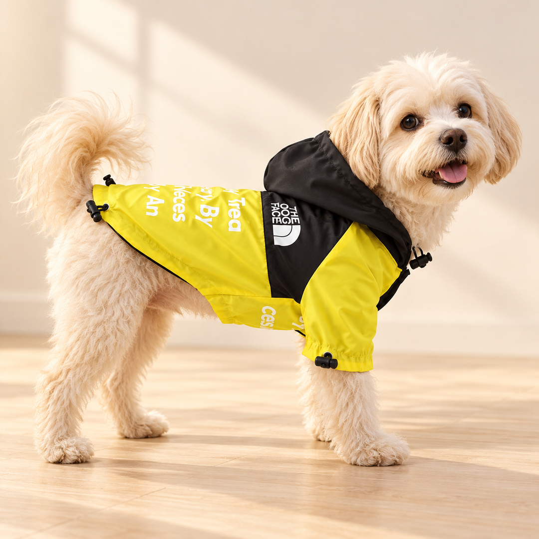 Complete cream dog wearing the Yellow printed hooded jacket; AI-styled model image preserving the yellow and black design