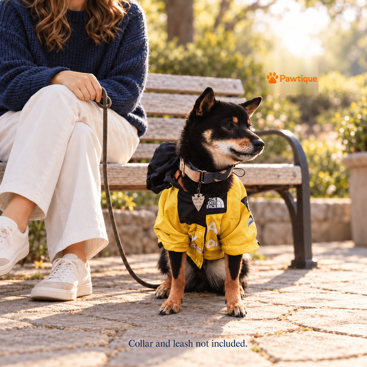Dog wearing the Yellow printed jacket outdoors with their owner; collar and leash not included