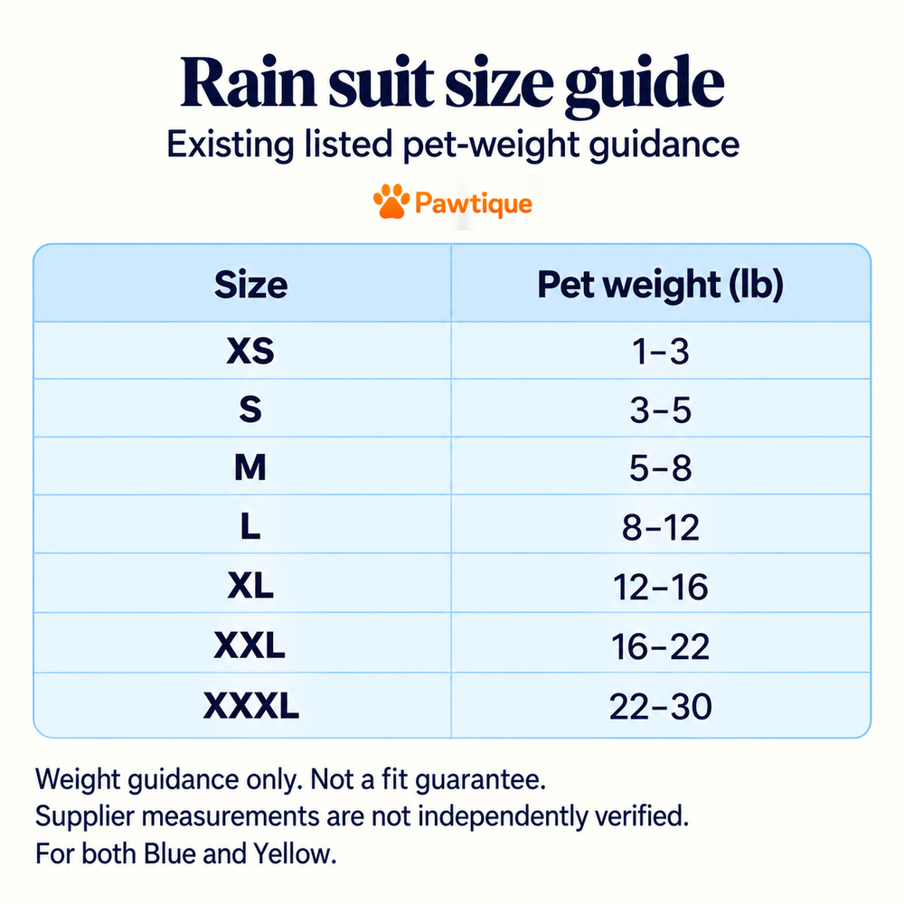 Puddle-Pro existing pet-weight size guidance in lb; not independently verified dimensional sizing