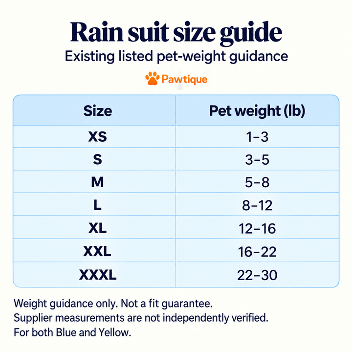 Puddle-Pro existing pet-weight size guidance in lb; not independently verified dimensional sizing
